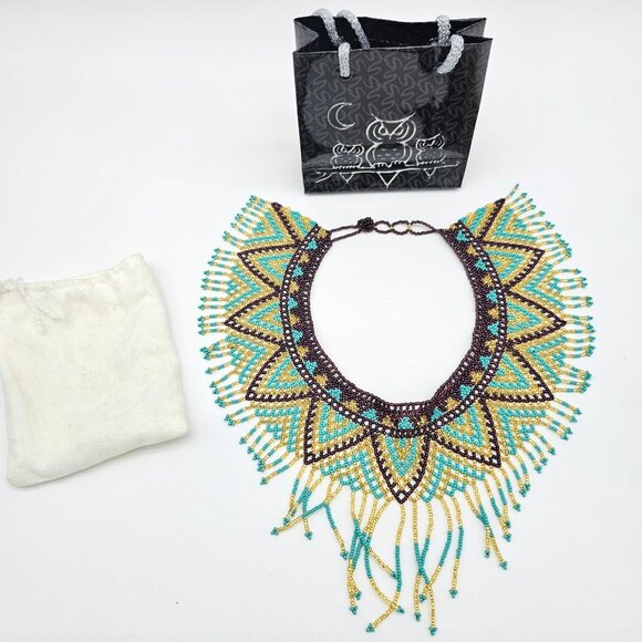 Huichol Beaded Collar Necklace| Handmade Purple, Turquoise & Gold – New from Mex - Picture 2 of 16